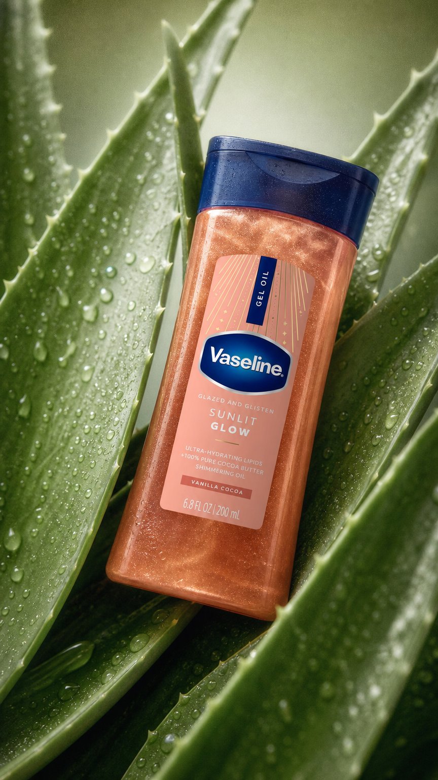 AI product shot of Vaseline Sunlit Glow Body Shimmer Gel Oil 200ml