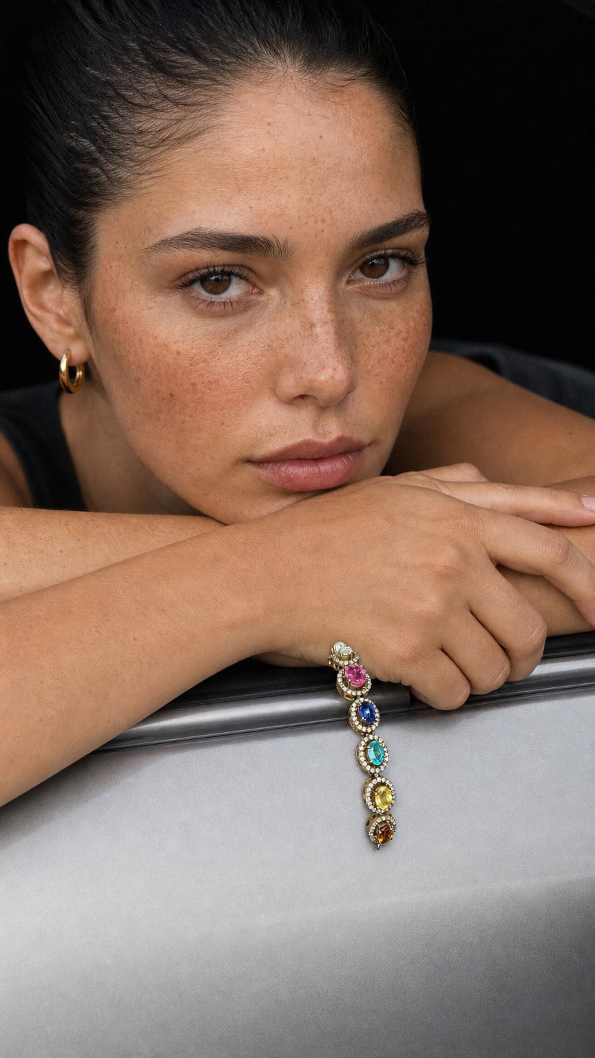 AI product shot of Multi-Gemstone Statement Bracelet | Natural Gemstone Bracelet Gold | The Mosaic