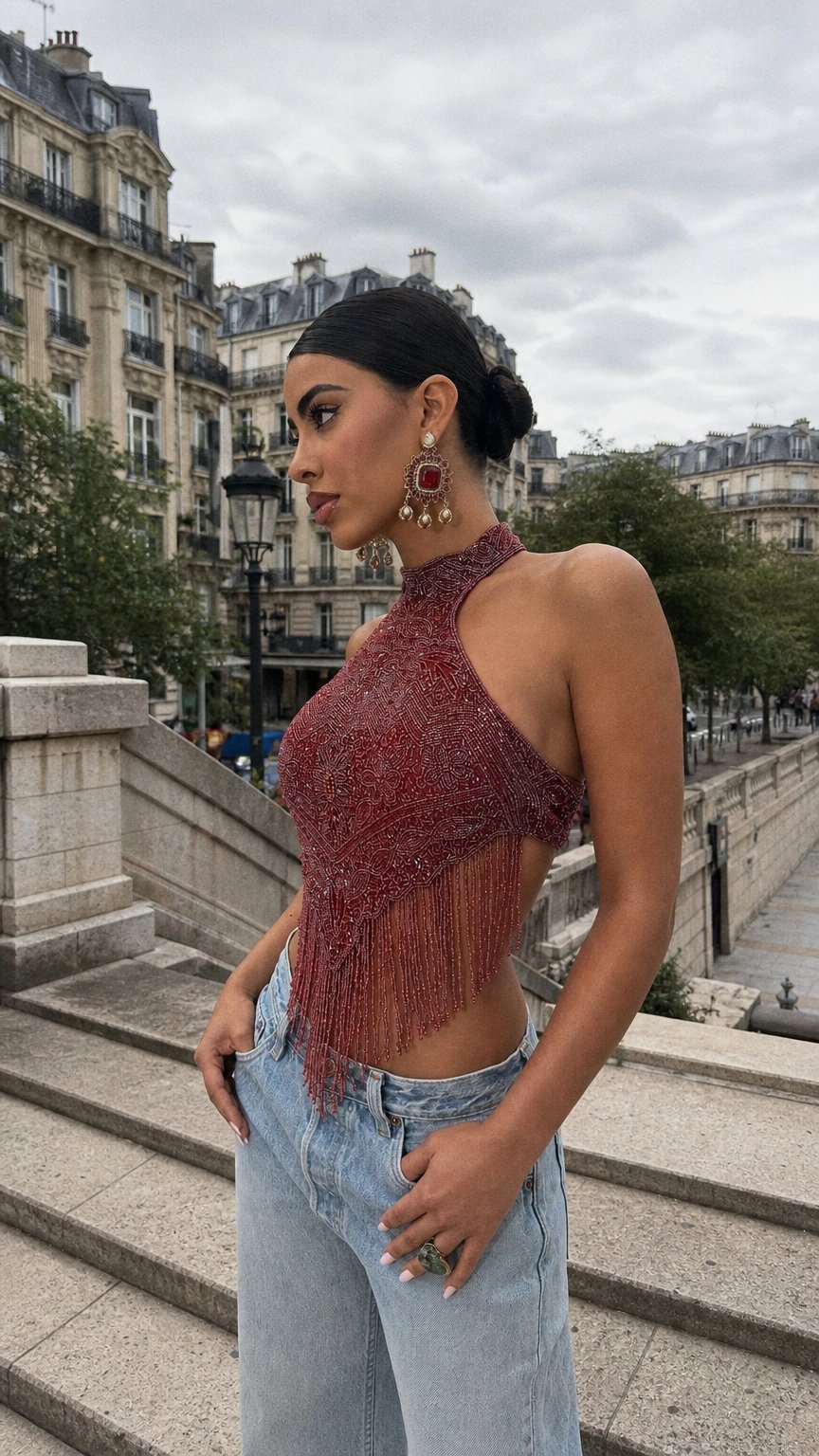 AI product shot of Plum Beaded Top