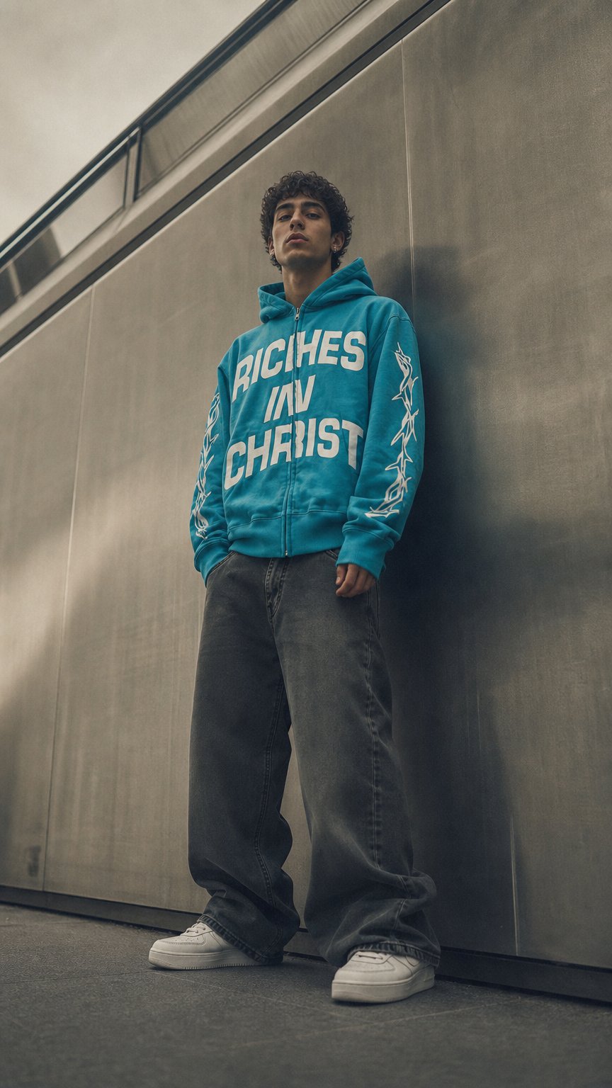AI product shot of Riches In Christ Zip-Up Hoodie (Blue)