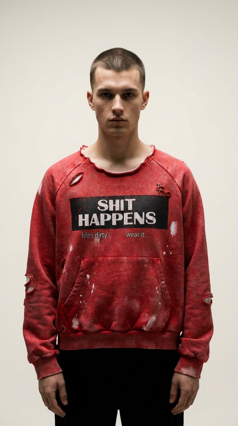 AI product shot of Sh*t Happens Crewneck