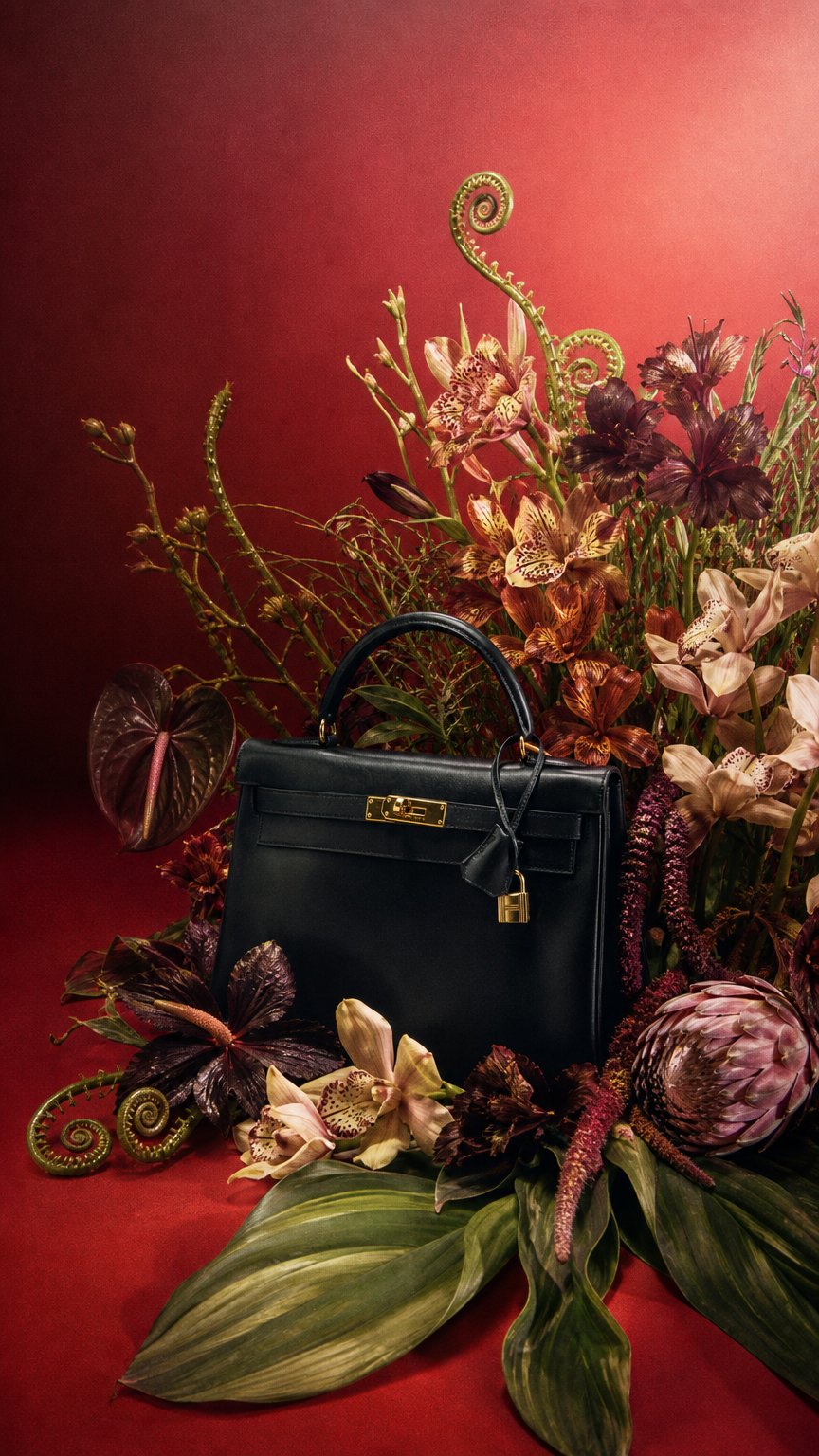 AI product shot of Hermès Vintage Noir Box Calf Kelly 32 Retourné Gold Hardware 1993
