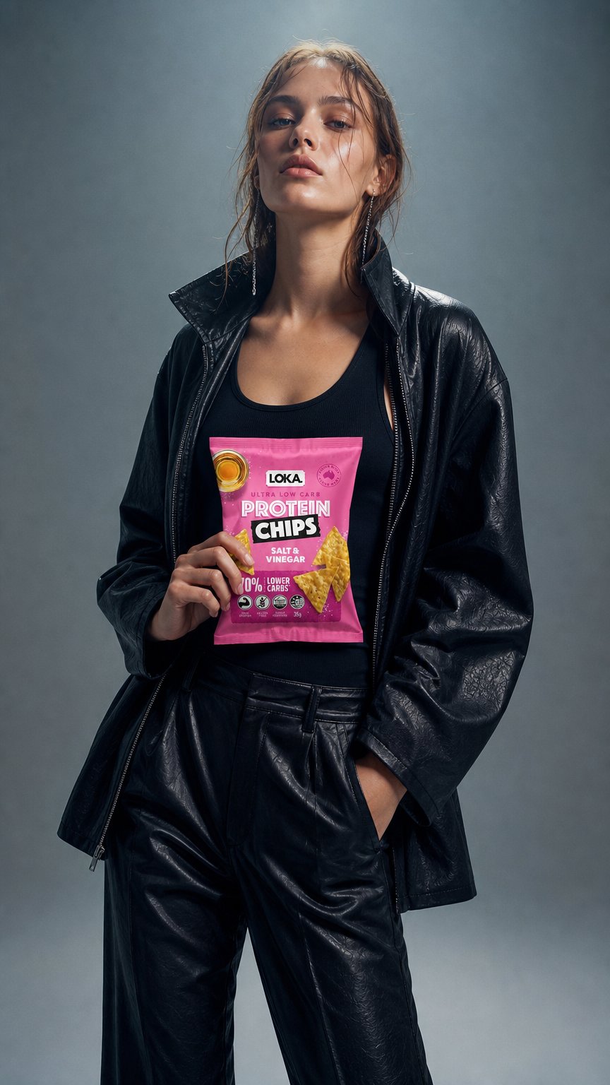 AI product shot of 6x Ultra Low Carb Protein Chips - Salt & Vinegar