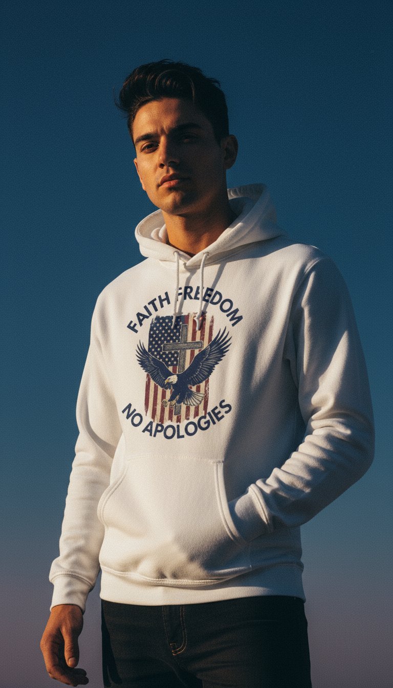 AI product shot of America First No Apologies Hoodie - Bold Patriotic Statement