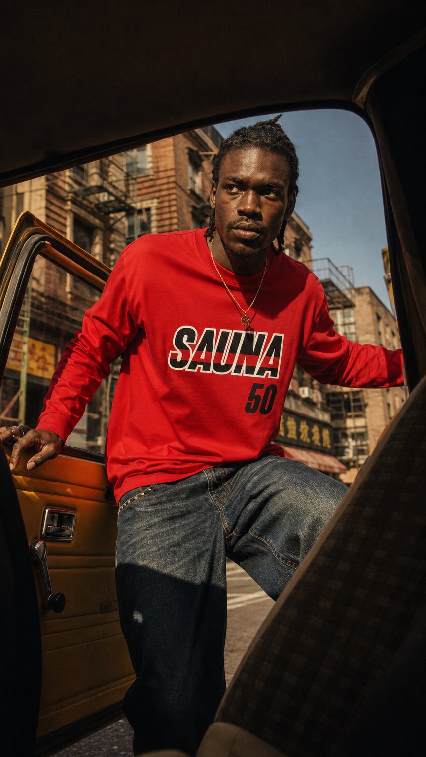 AI product shot of 50' L/S Shirt [Red]
