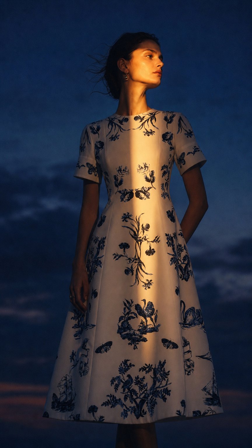 AI product shot of Floral Cotton Faille Short Sleeve Midi Dress