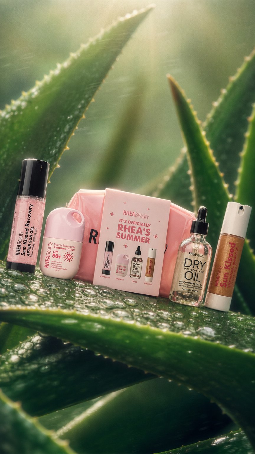 AI product shot of Rhea’s Summer Bundle(sun screen-after sun-taning lotion-dry oil rose)