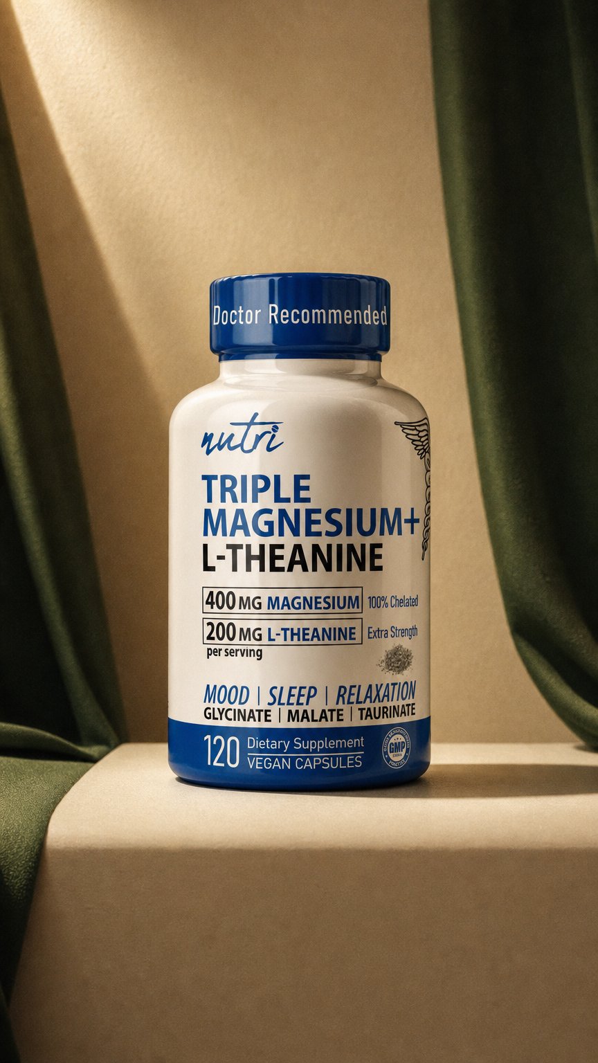 AI product shot of Nutri Triple Magnesium w/ L-Theanine (Glycinate, Malate, Taurinate) 400/200 mg - 120 Count