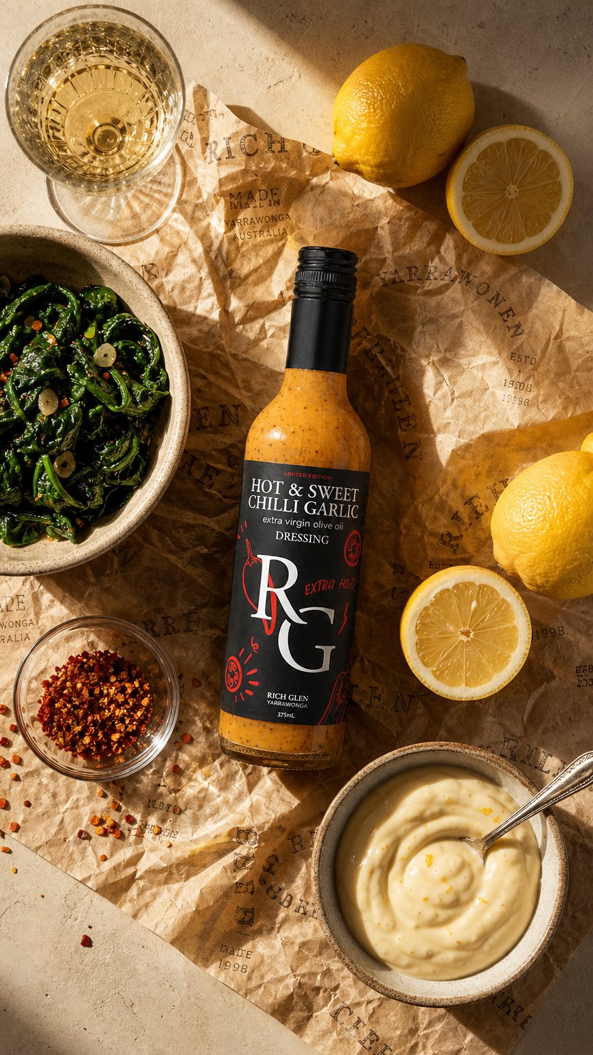 AI product shot of Hot & Sweet Chilli Garlic Dressing