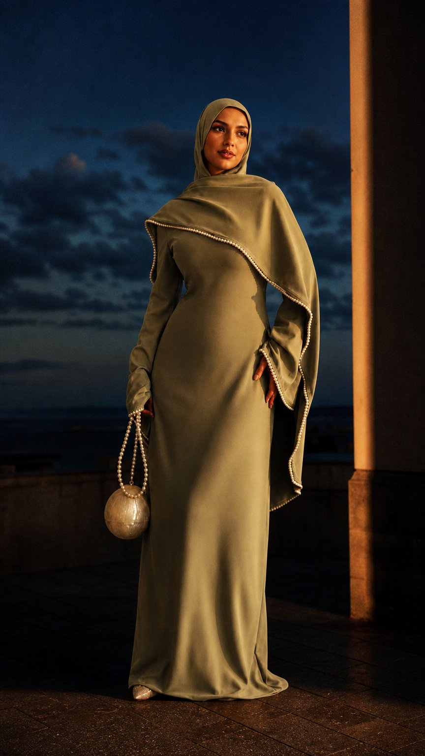 AI product shot of Custom Logo Cape Sleeve Muslim Abaya Set Handmade Pearl Trim Elegant Eid Maxi Evening Dress Islamic Clothing OEM Factory