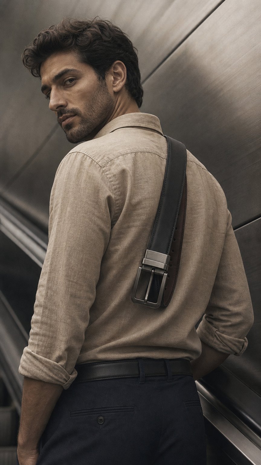 AI product shot of Bellvare Genuine Leather Reversible Belt | Rotating Buckle | Black & Brown