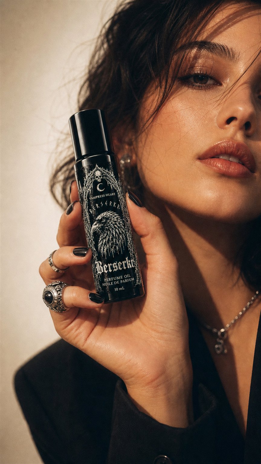 AI product shot of BERSERKR - Primal Ritual Viking Gothic Perfume Oil | Spikenard, Smoldering Resins, Weathered Fur, Metallic Iron, Dark Unisex