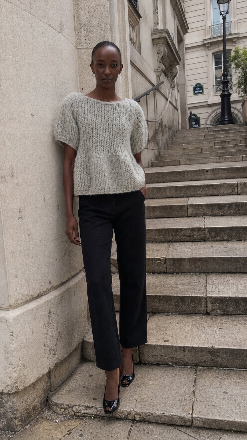 AI product shot of Kurzarm Peplum Pullover - Light Grey