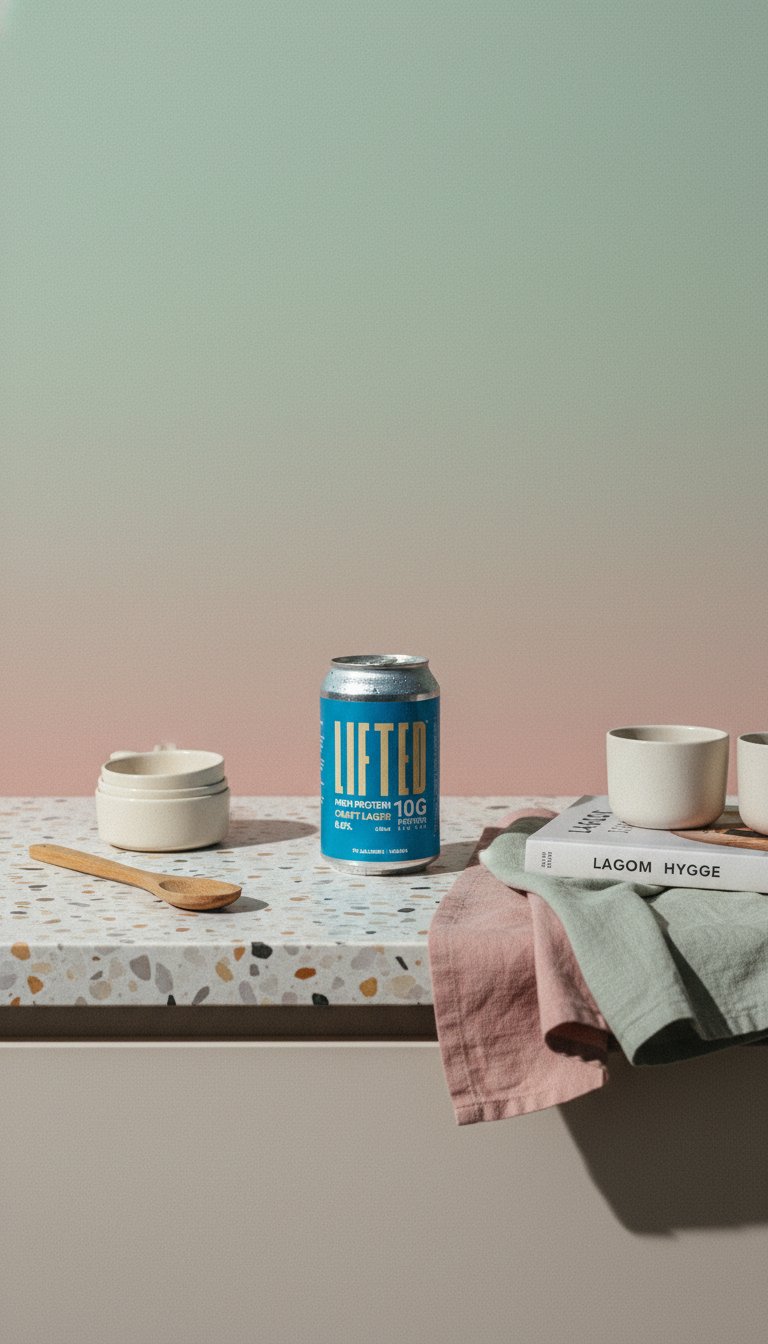 AI product shot of Lifted - Beer for Athletes. 0.0% Alcohol. 10g Protein - 12 pack x 330ml