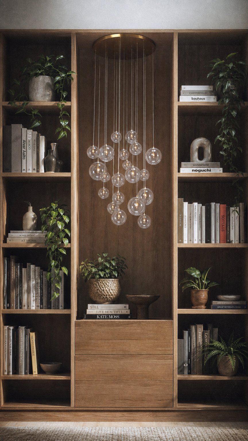 AI product shot of Novi 20 hanglamp | goudbronzen plafondplaat | transparante snoeren