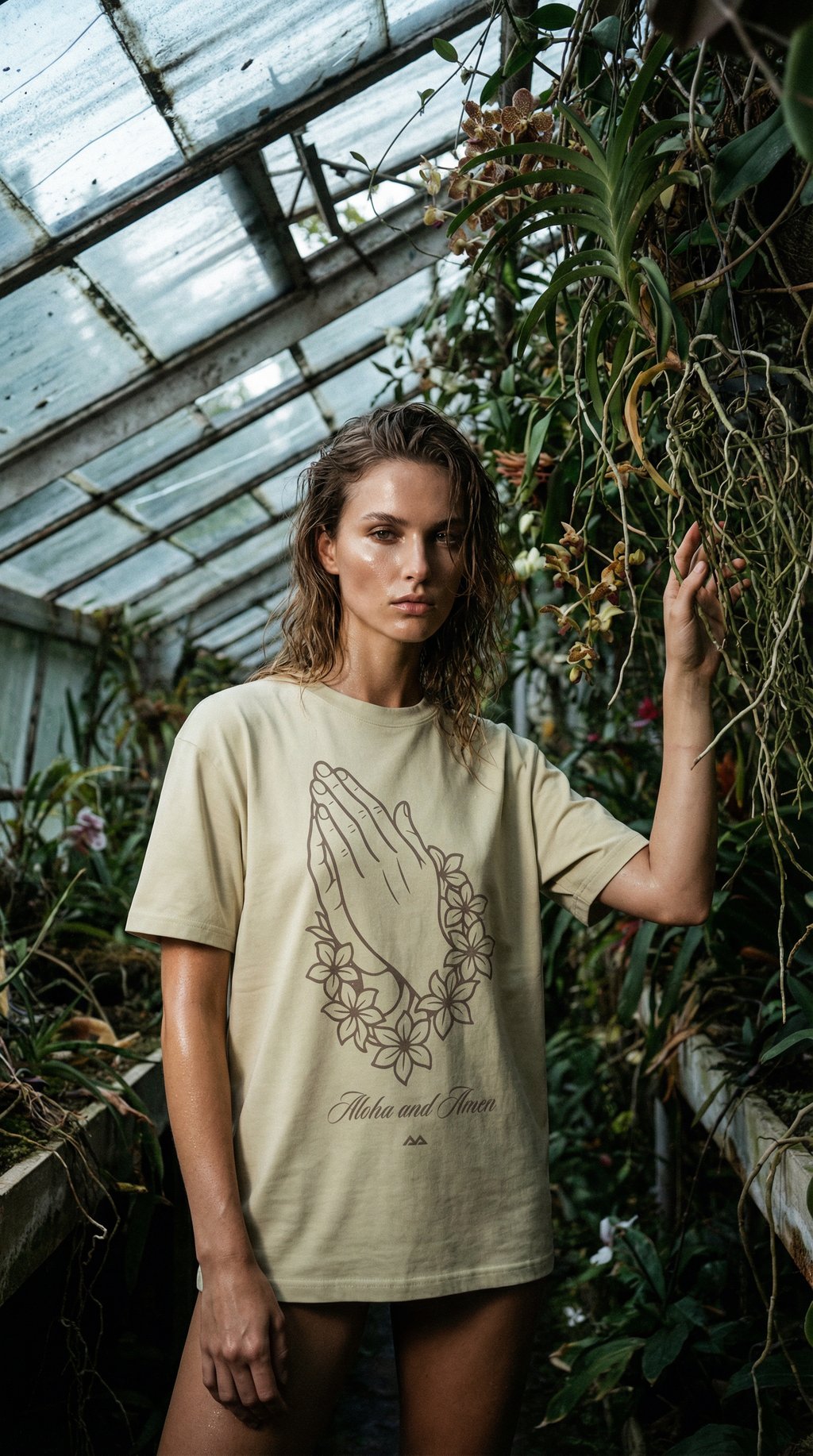 AI product shot of Aloha Prayer Tee