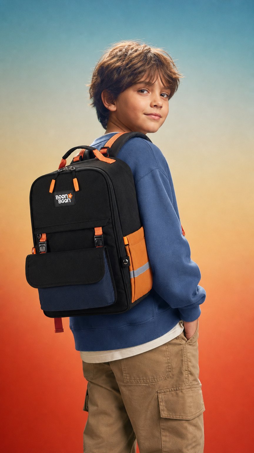 AI product shot of Discovery – Midnight Black Kids School Bag
