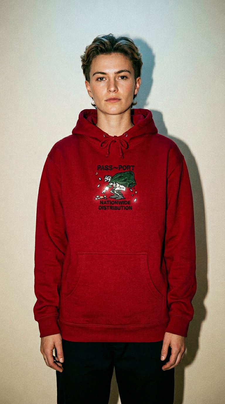 AI product shot of Pass~Port Distribution Hoodie - Red