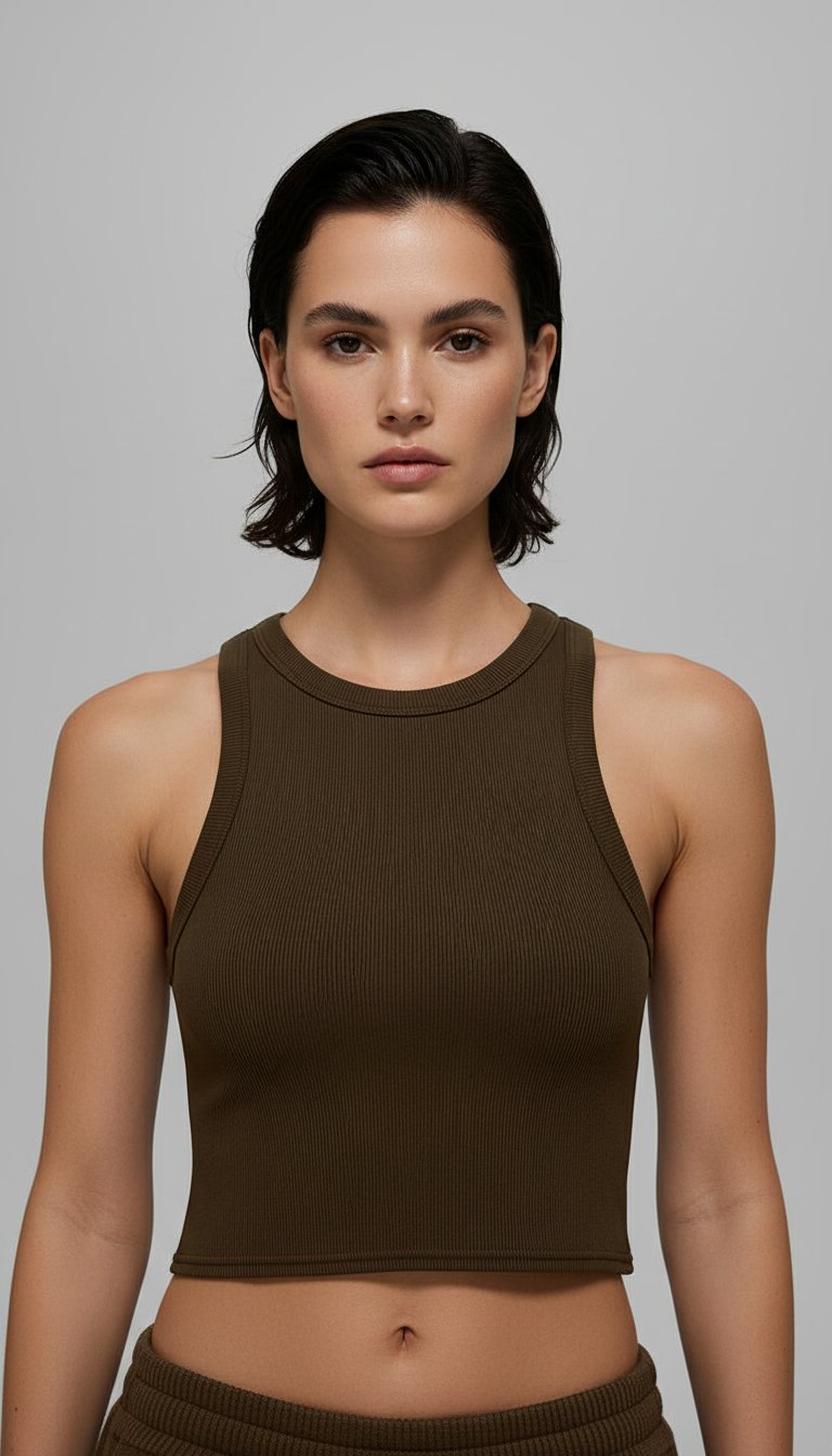 AI product shot of Goddess Ribbed Go-To Tank - Espresso