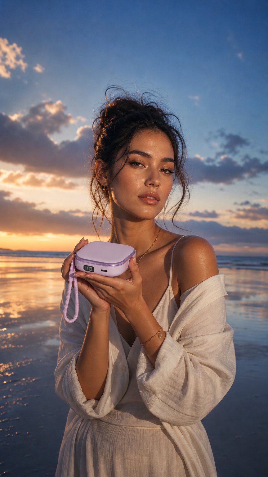 AI product shot of re-nu Smart Beauty 4-in-1 LED Compact Mirror with Power Bank and Hand Warmer (Purple)