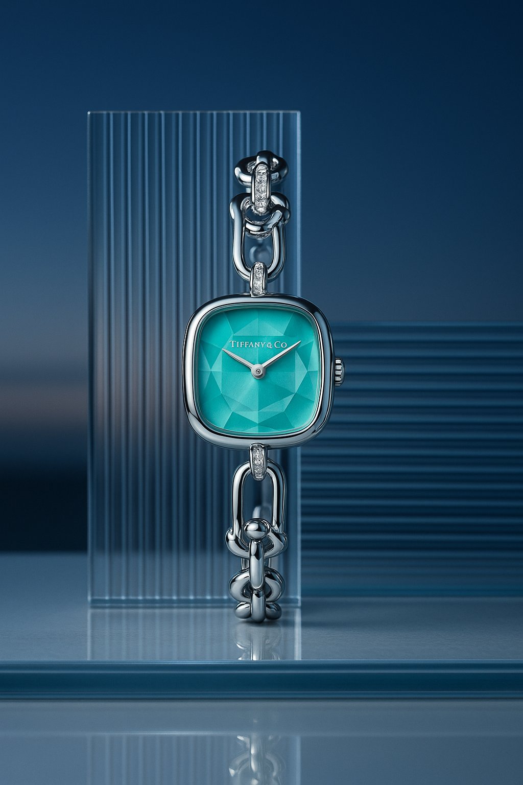 AI product shot of Tiffany HardWear Watch in Sterling Silver and Steel with Diamonds