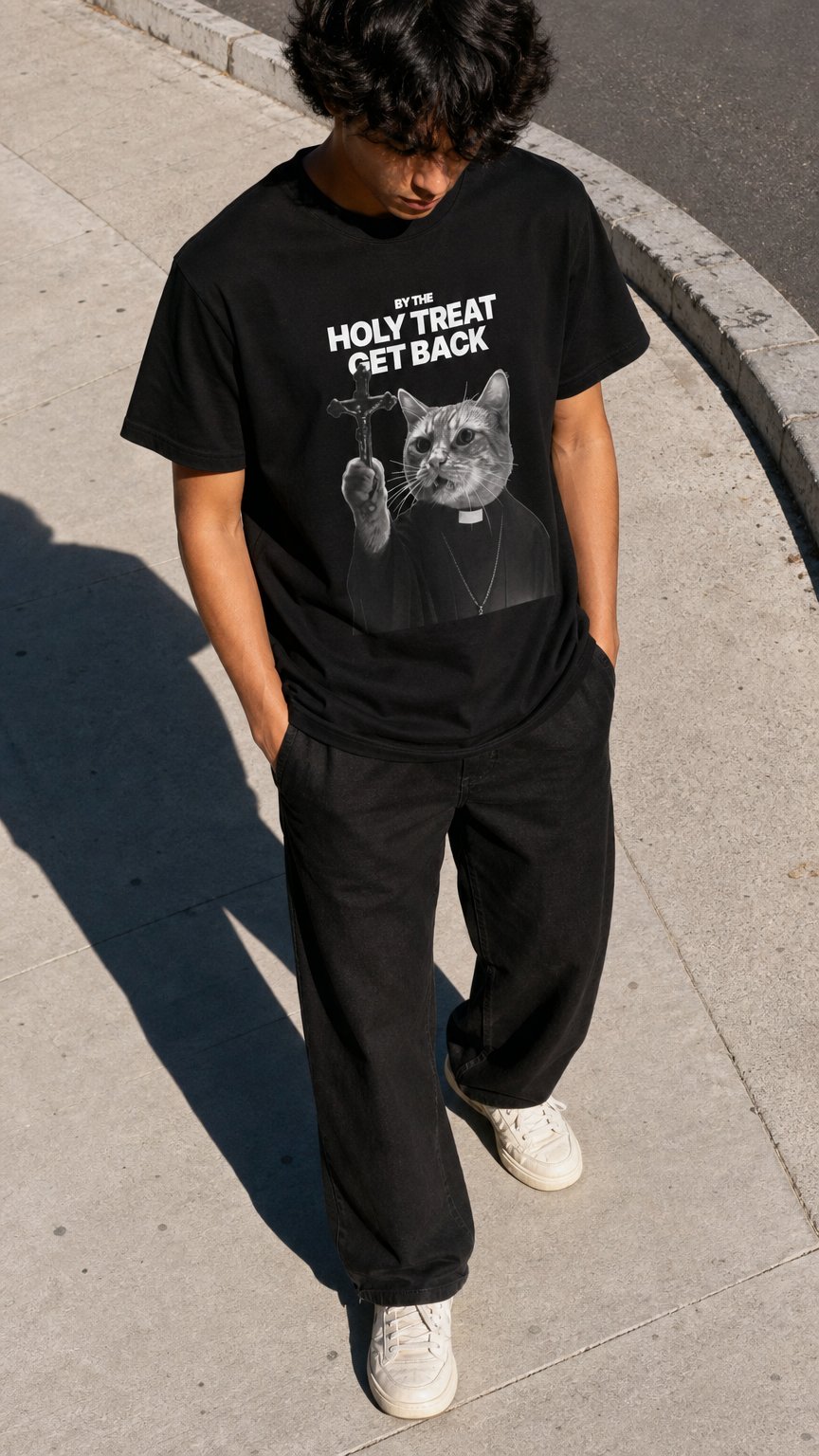 AI product shot of Cat Priest T‑Shirt — “By the Holy Treat I Get Back” Retro Graphic Tee