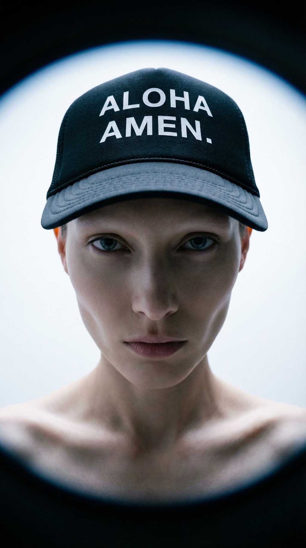 AI product shot of Amen. Trucker Hat - Black
