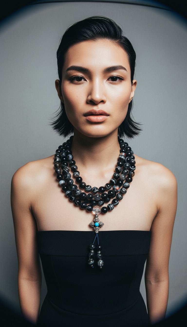 AI product shot of Black Dzi Beads Mala + Free Chant A Mantra Booklet