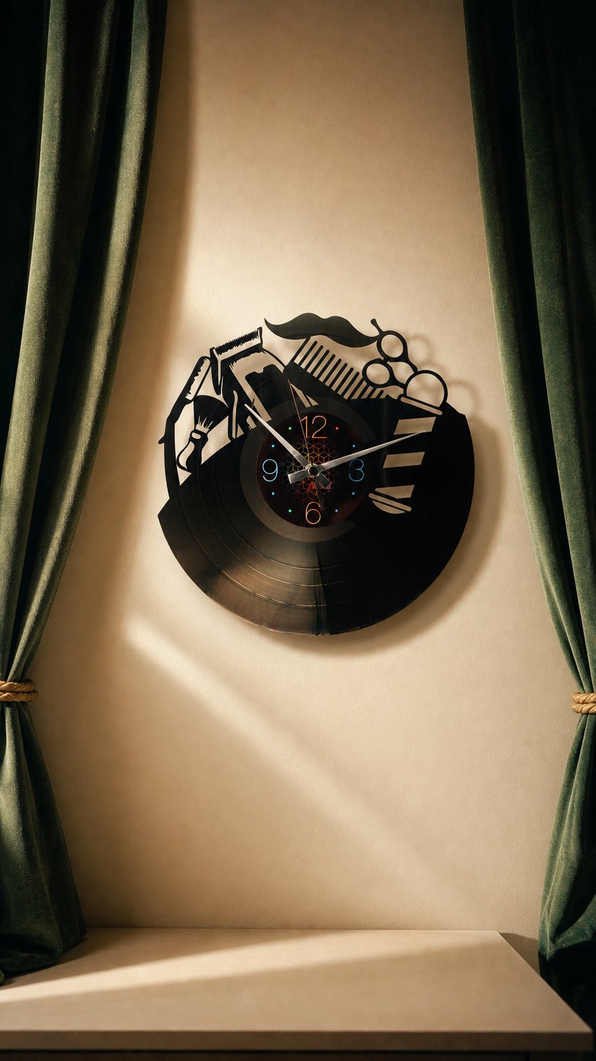 AI product shot of BARBER SHOP vinyl record clock