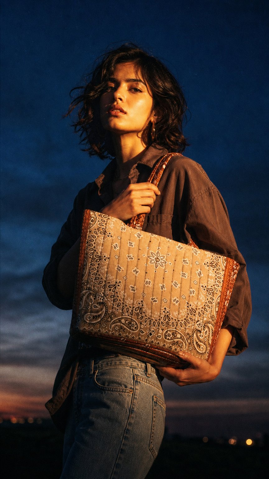 AI product shot of Bandana Shopper Beige Brown Quilted Shoulder Bag made of Cotton with Waterproof Lining
