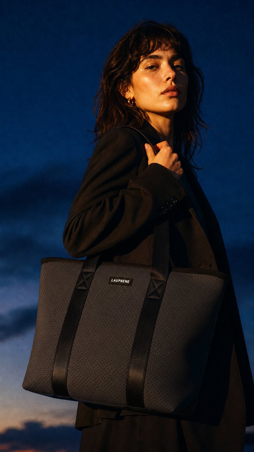 AI product shot of URBAN NEOPRENE ZIPPED TOTE - CHARCOAL