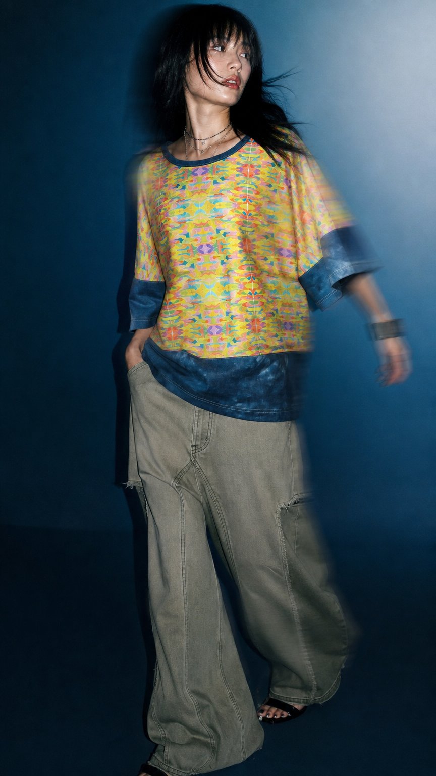 AI product shot of Art Top - Rainbow watercolour with Indigo - Small