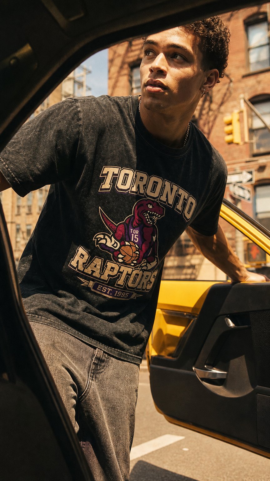 AI product shot of Toronto Raptors Vintage T-Shirt – Oversized Streetwear Shirt – 90s Basketball Graphic – Washed Raptors Tee