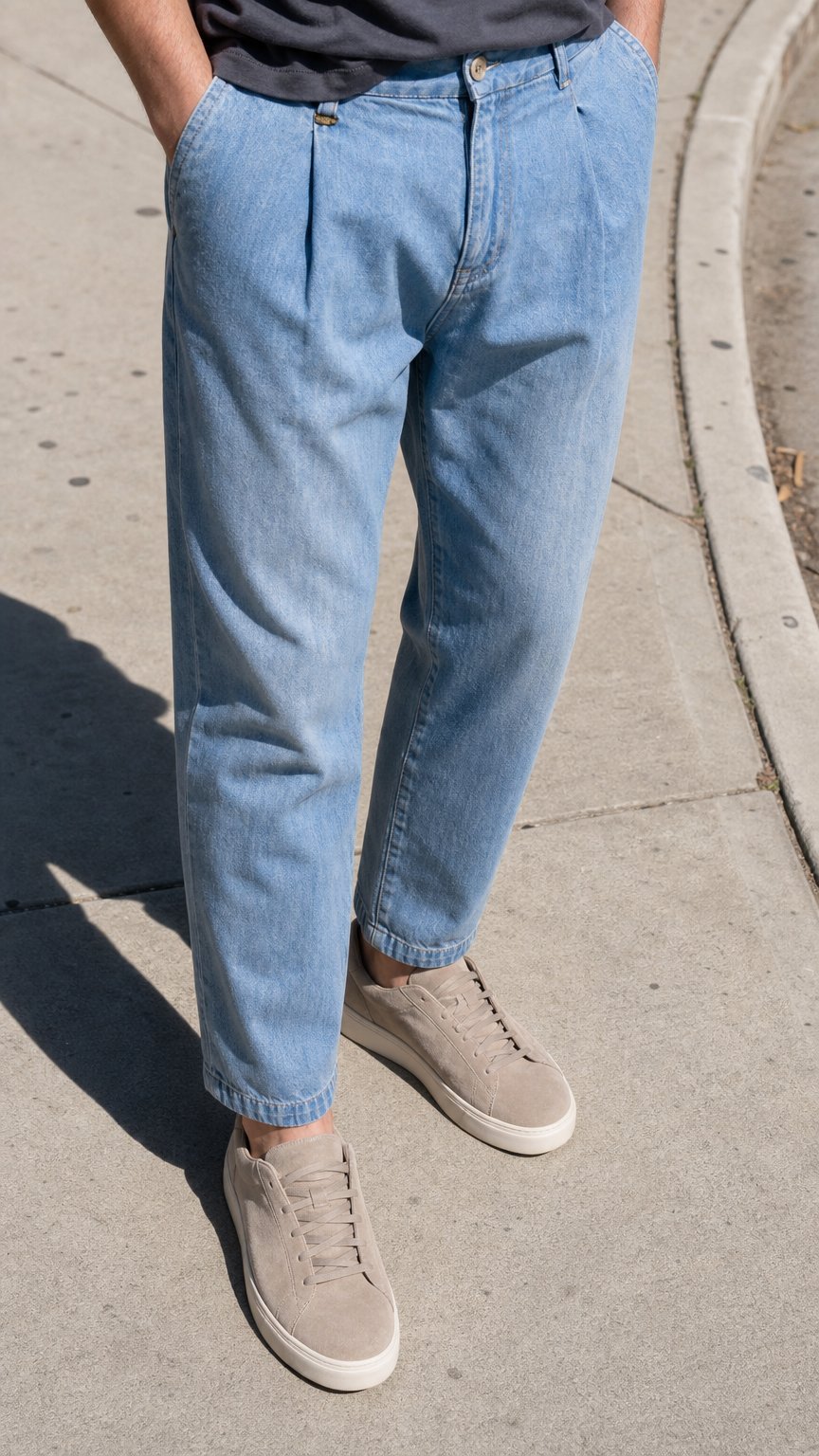 AI product shot of Vilnius 2335 Light Blue Pleated Jeans - Men's Denim, Relaxed Fit