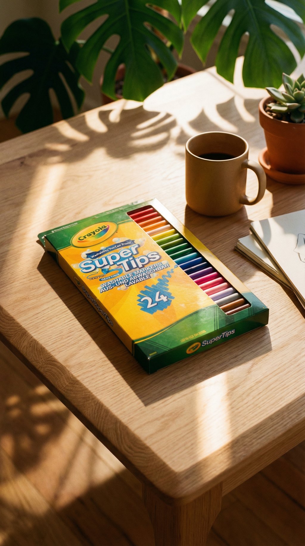 AI product shot of CRAYOLA SuperTips Washable Markers - Assorted Colours (Pack of 24) | Premium Felt Tip Pens That Can Easily Wash Off Skin & Clothing | Ideal for Kids Aged 3+