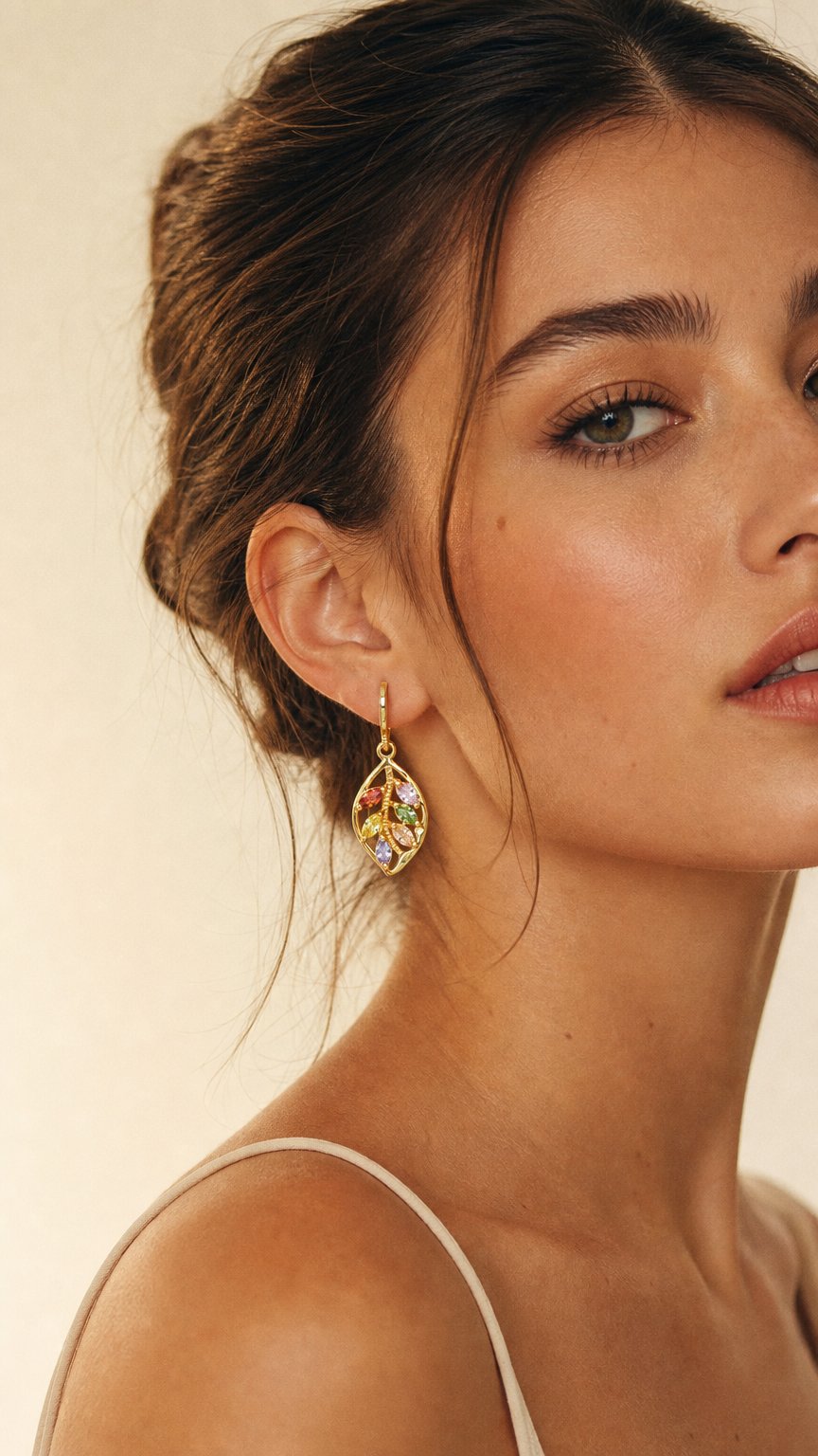 AI product shot of Gold Leaf Earrings with Gemstones