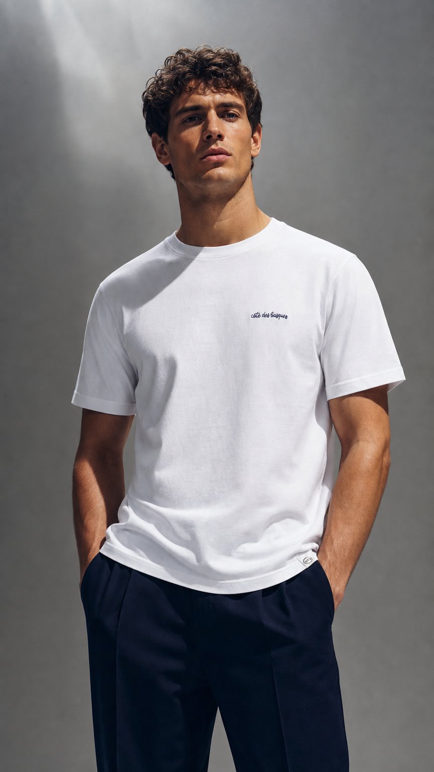 AI product shot of T-shirt côte des basques brodé blanc