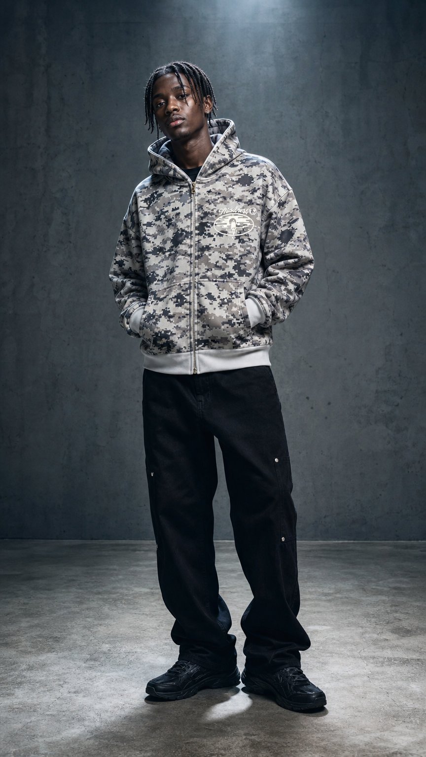 AI product shot of Camo Hood (Light Grey)