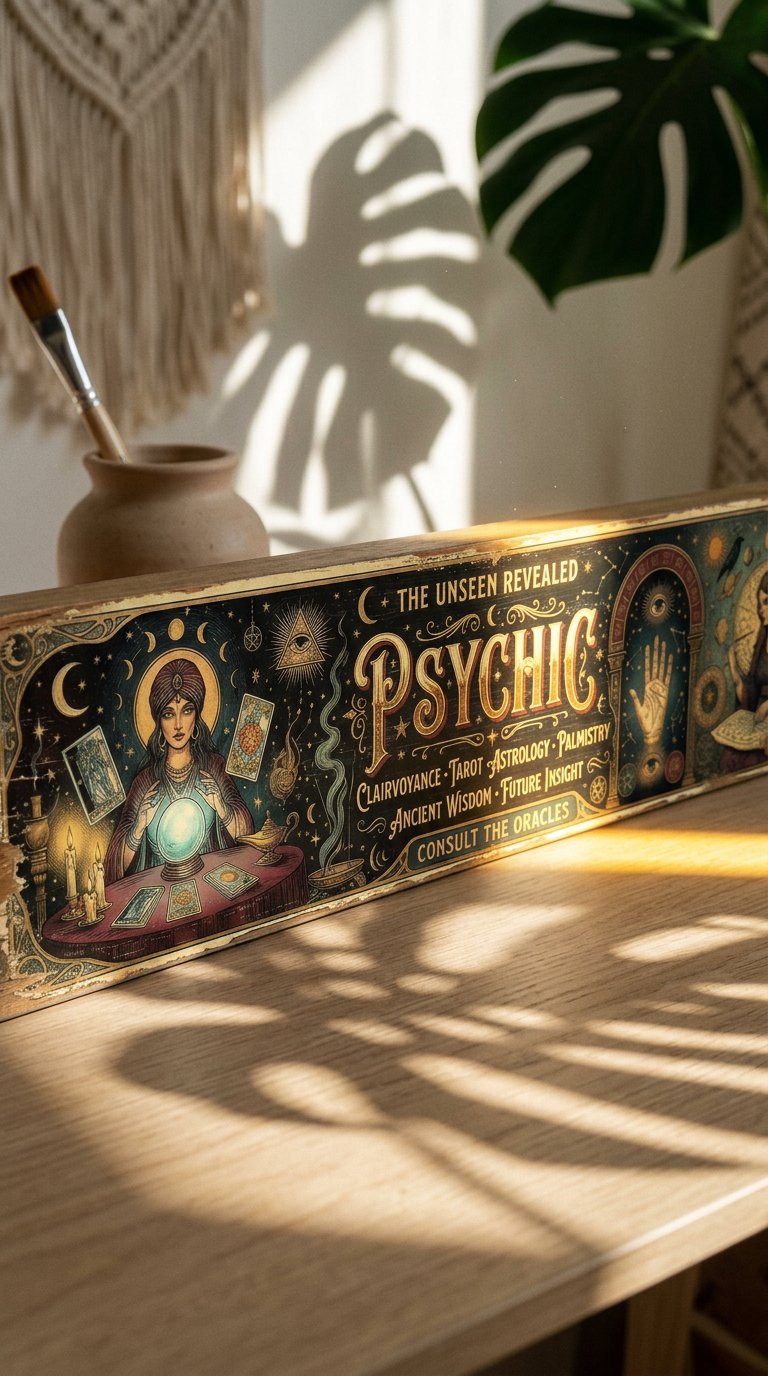 AI product shot of Psychic Fortune Teller Vintage Wooden Sign — Clairvoyance Tarot Astrology Palmistry