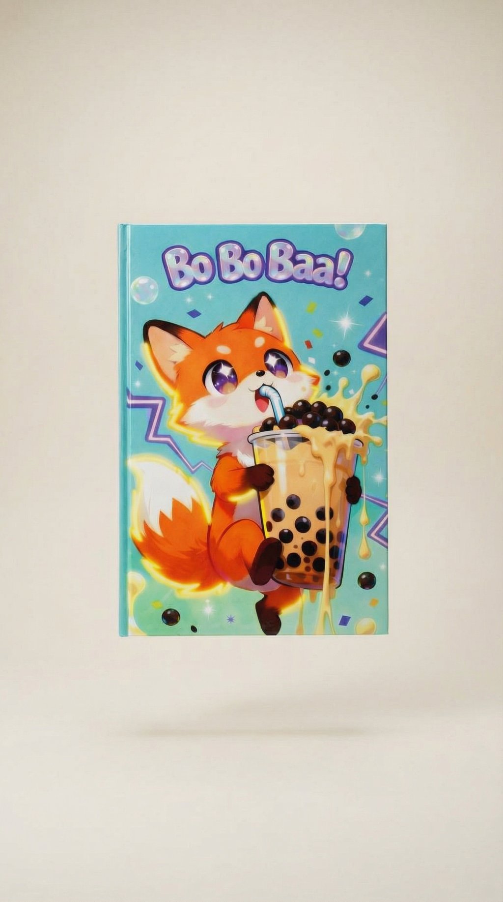 AI product shot of Bo Bo Baa! Fox and Bubble Tea Kawaii Notebook Journal