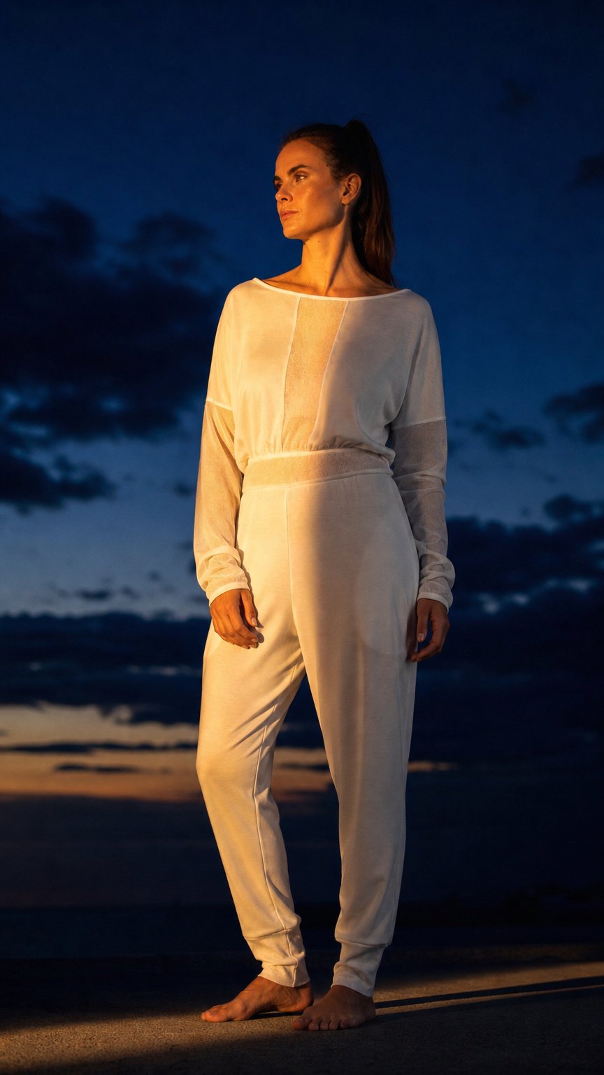 AI product shot of Bequemer Overall aus seidenweichem Tencel mit langen Ärmeln