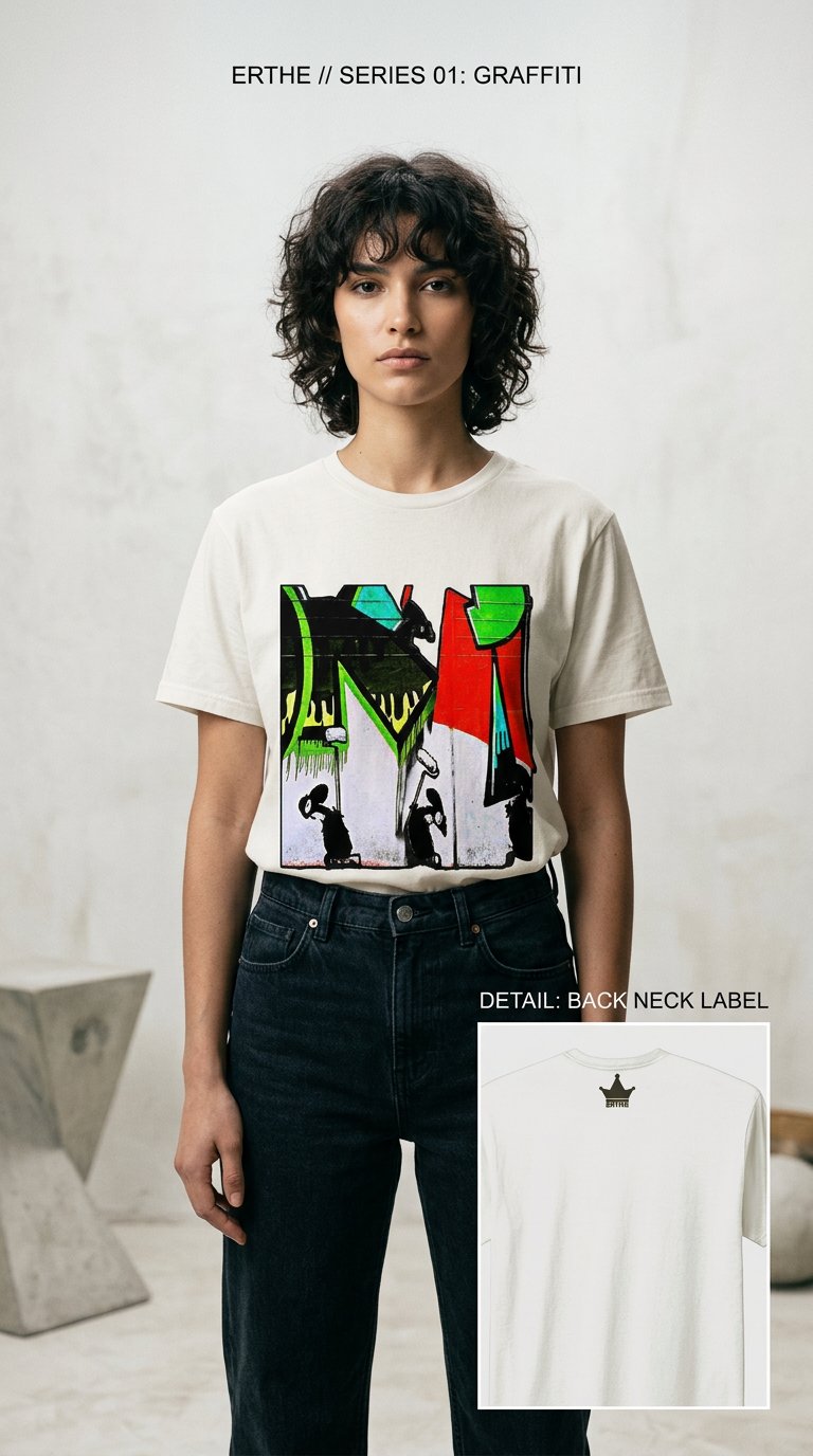 AI product shot of Erthe Apparel Mouse Work Tee: Urban Art-Inspired Streetwear