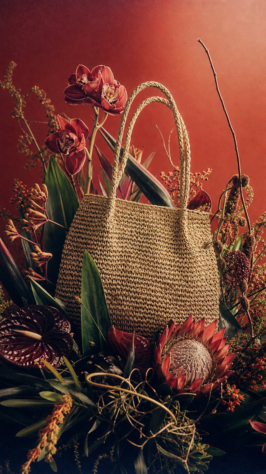 AI product shot of Borsa in rafia Coral