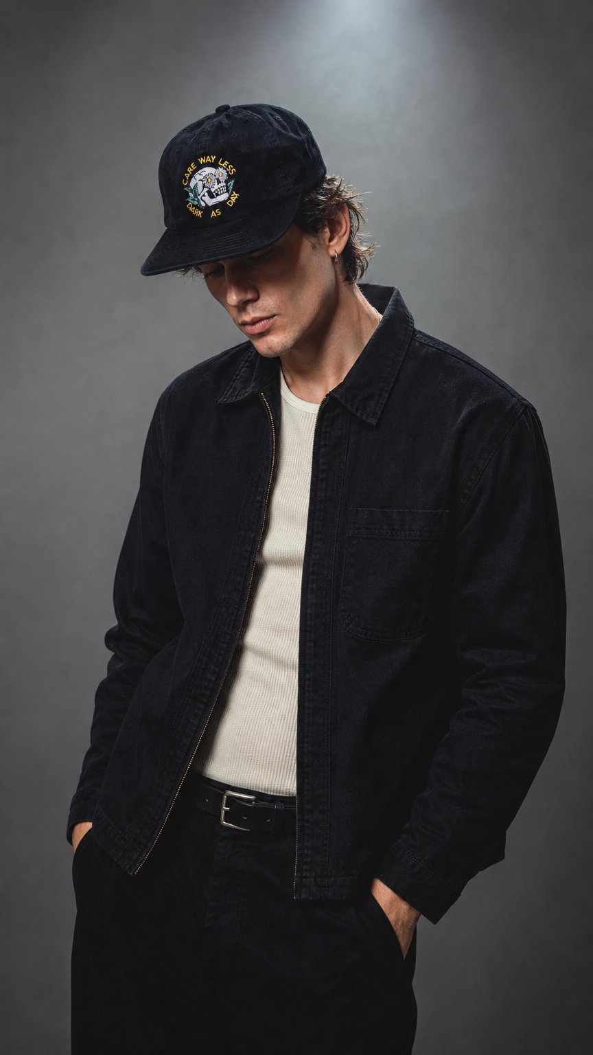 AI product shot of Care Way Less 6 Panel Cap