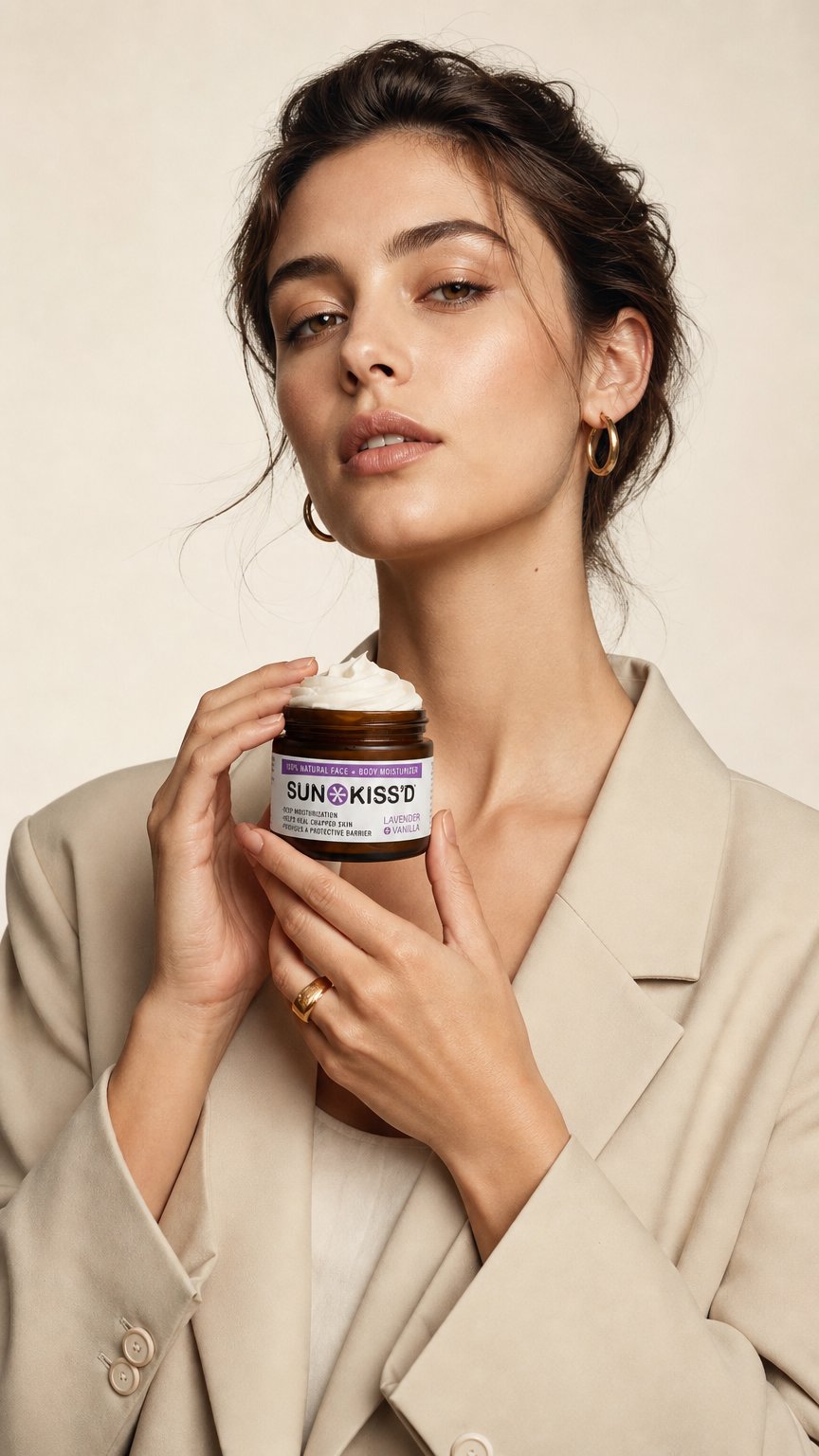 AI product shot of Lavender vanilla moisturizer plus one 50% Vanilla Bean