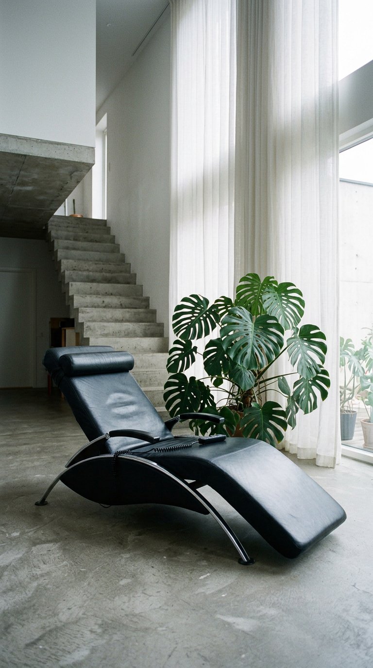 AI product shot of FA. DEWERT. Elektronisk loungestol, krom, läder.