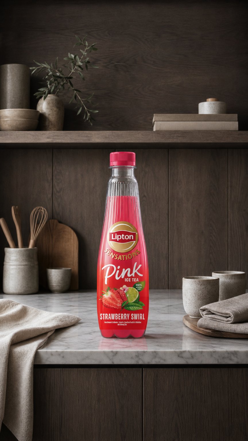 AI product shot of Lipton Pink Iced Tea Strawberry Swirl - 310ml