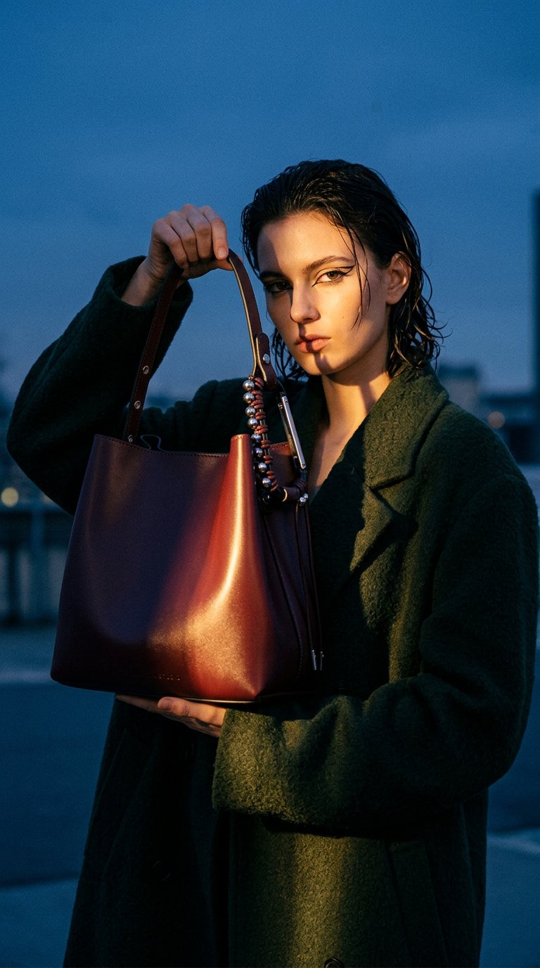 AI product shot of HANDBAG LE SAC SEAU BURGUNDY