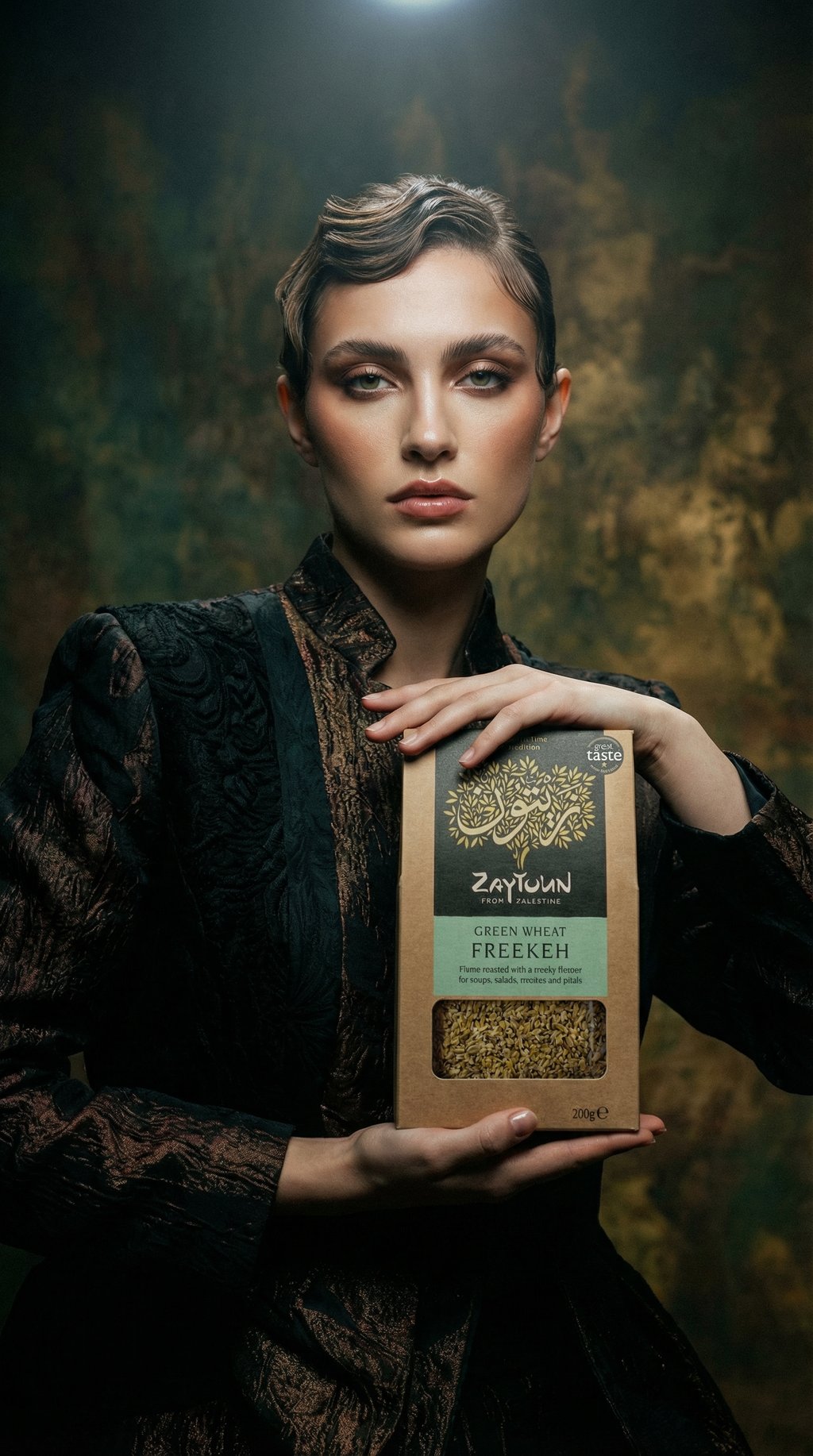 AI product shot of Zaytoun Green Wheat Smoky Freekeh