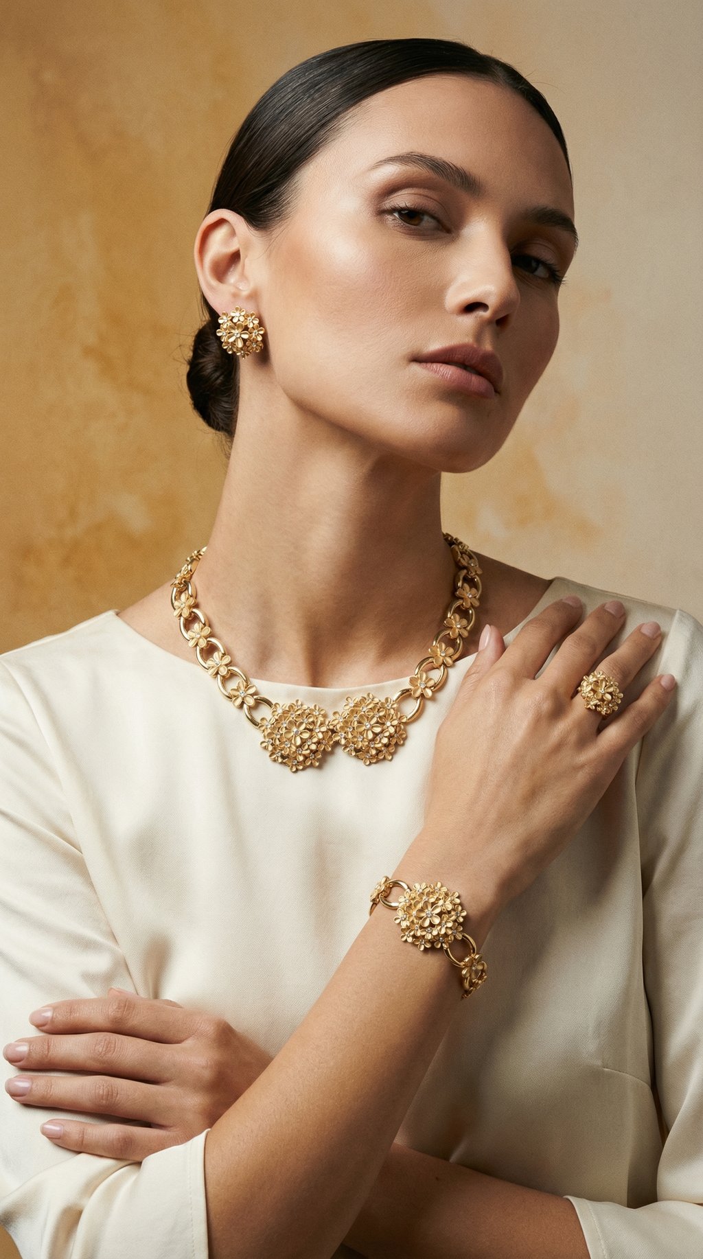 AI product shot of Gold Plated Flower Jewelry Set with Zircon Necklace Earrings Bracelet Ring